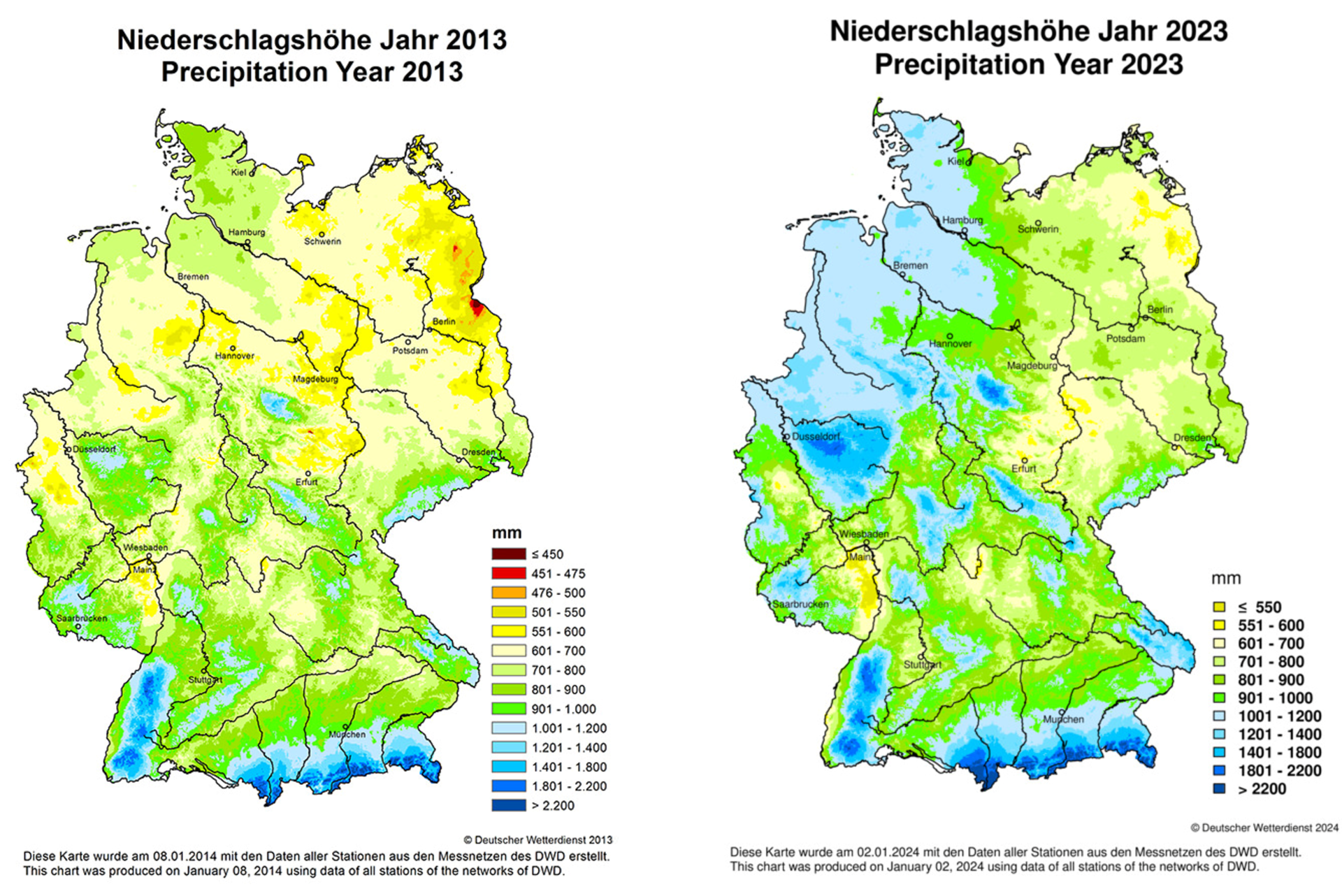 Naturkatastrophen: Vergleich 2013 und 2023 Niederschlagshöhe