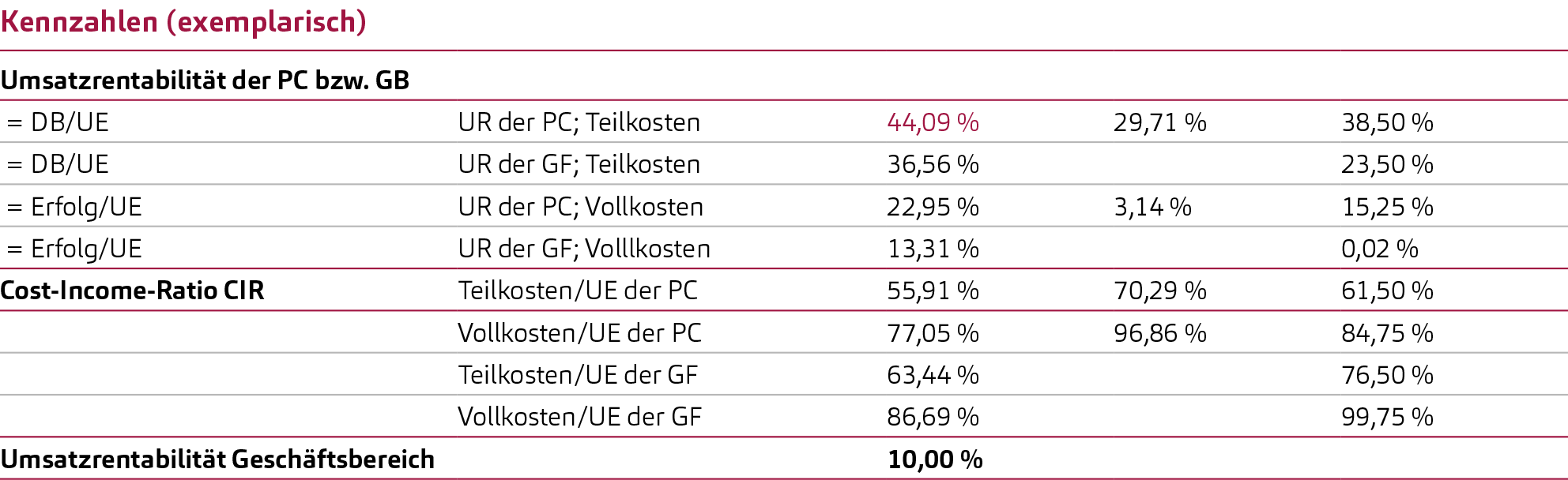 Darstellung Geschäftsfeldrechnung und Kennzahlen (exemplarisch; Teil- und Vollkostenansatz)